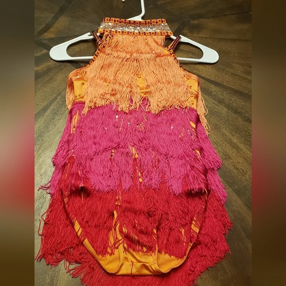 Weissman Fringe Dance Costume for Kids - Orange, Pink, and Red Size LC